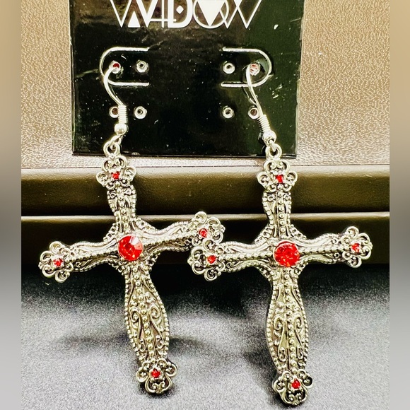 NWT Dolls Kill Widow Red Gemstone Silver Antiquated Silver Cross Drop Earrings - Picture 2 of 7